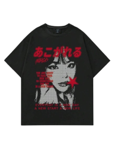 Áo Thun Oversize Streetwear Nữ/Nam In Hình Graphic Phong Cách Harajuku Đỏ Đen