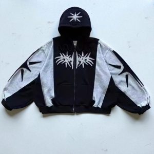  Zip-up Hoodie Streetwear Phối Màu "Star Spike" Oversize (Đen/Xám)